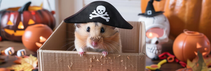 Cute hamster wearing a pirate hat with pumpkins and a skull prop for a Halloween backdrop.