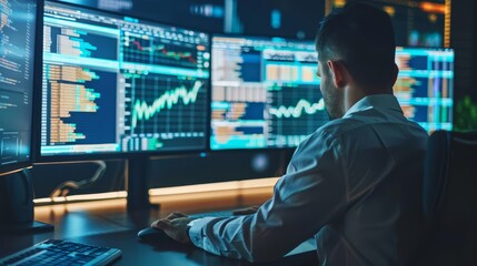 Businessman analyzing financial data on multiple computer screens.