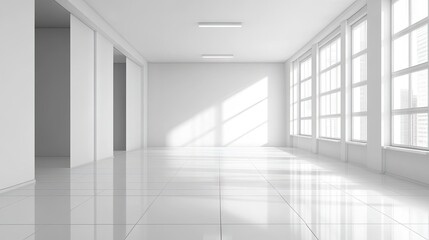 Empty white room with shiny ceramic tile flooring, minimalistic ceiling lighting, and large windows letting in bright natural light.