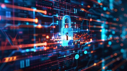 Fototapeta premium Cybersecurity concept with padlock on digital circuit board background.
