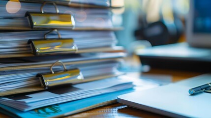Close up of a stack of papers with binder clips on a desk.