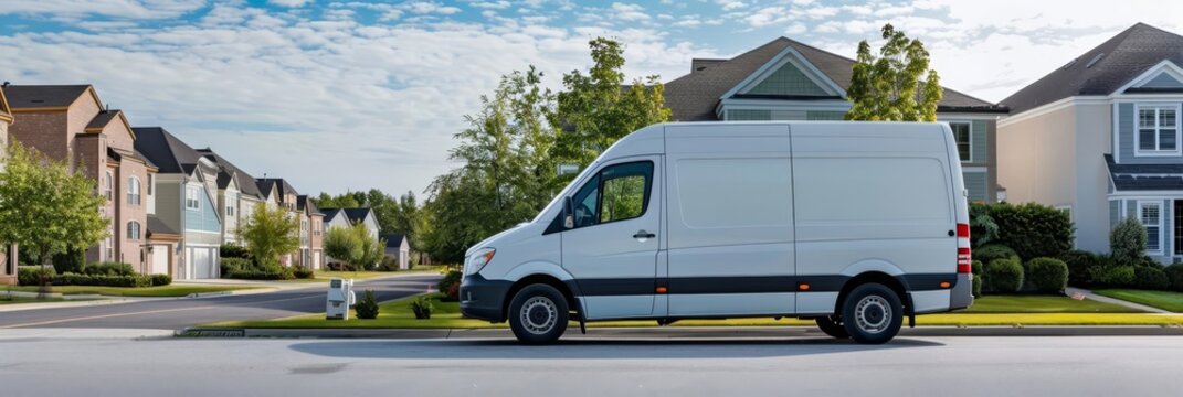 Delivery service van parked in a residential neighborhood, ready for package delivery with copy space