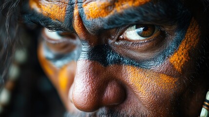 Close-up of a person with vibrant face paint and intense gaze.