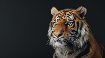Obraz premium A stunning close-up of a Bengal tiger against a dark background highlights its vibrant orange coat with bold black stripes.