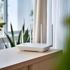 Modern Wireless Router on Wooden Table with Window and Curtains in Background