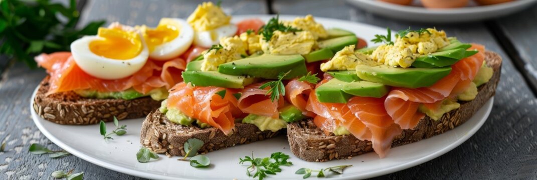 Close-up of three avocado toast with smoked salmon and egg.