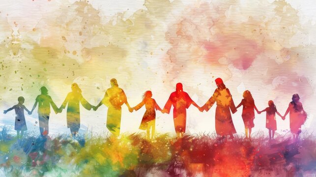 Digital watercolor painting of people holding hands with Jesus Christ, symbolizing unity and faith