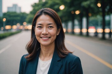 Close portrait of a smiling 40s Singaporean woman looking at the camera, Singaporean outdoors blurred background