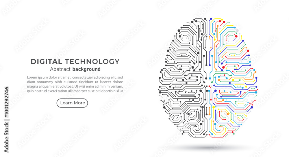 Poster Human digital circuit brain. left and right brain isolated on background. Innovation and creative ideas. Artificial intelligence and machine learning technology. Vector illustration.