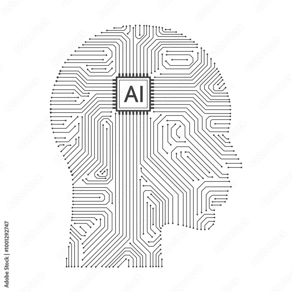 Poster Human head outline with circuit board and AI chips isolated on a white background. Artificial intelligence and machine learning technology. Vector illustration.