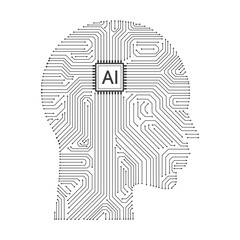 Human head outline with circuit board and AI chips isolated on a white background. Artificial intelligence and machine learning technology. Vector illustration.