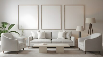 Fototapeta premium Minimalist Living Room Interior Design with White Sofa and Three Frames