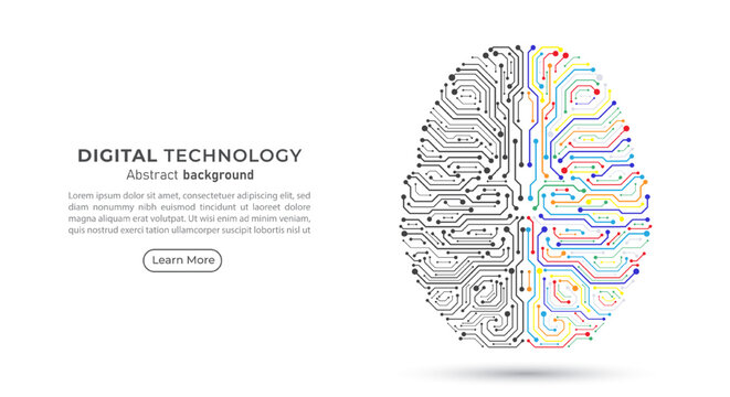 Human digital circuit brain. left and right brain isolated on background. Innovation and creative ideas. Artificial intelligence and machine learning technology. Vector illustration.