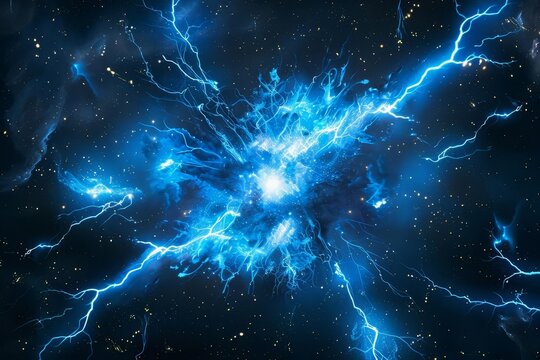 Abstract blue energy explosion with lightning bolts against a dark starry background.