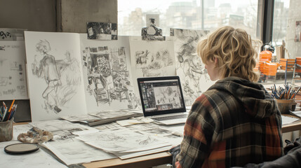 Creative workspace with senior graphic designer sketching ideas