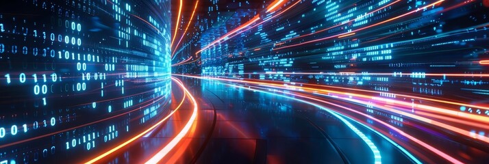 Fototapeta premium Abstract digital tunnel with glowing lines and binary code.