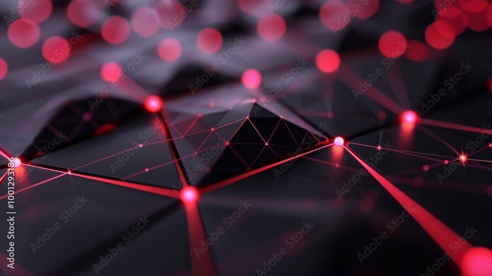 Wall mural abstract network of glowing red lines connecting black geometric shapes.
