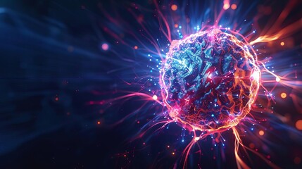 Obraz premium Abstract glowing sphere with red and blue energy lines in dark space.