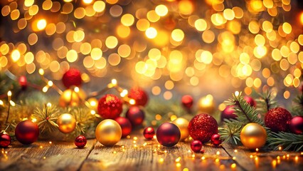 Christmas ornaments and lights on a rustic wooden table with festive bokeh