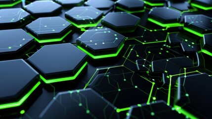 Fototapeta premium Abstract futuristic background with glowing green lines on black hexagon tiles.