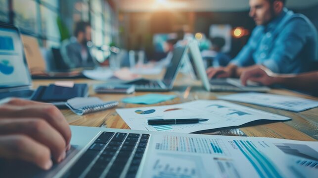 Businessman working at desk in modern office setting, with video call on screen.