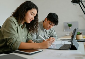 Obraz premium Young woman and man working on a digital tablet