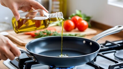 Pouring Olive Oil into Frying Pan on Stovetop
