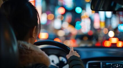 Woman driving through a city at night with blurred lights in the background.