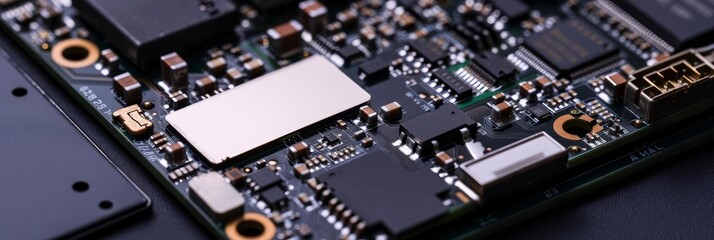Fototapeta premium An inside view of a smartphone motherboard and SIM card on a black table