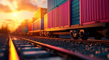 Fototapeta premium Colorful shipping containers lined up on railway tracks during sunset, reflecting warm light, creating a vibrant transport scene.