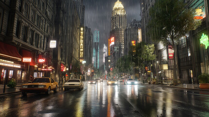Fototapeta premium Rainy urban street scene with cars and glowing signs, vibrant nightlife atmosphere