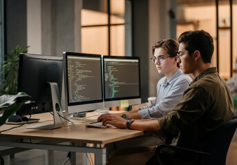 Two programmers working on a project together in an office.