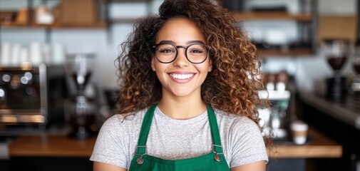 Cheerful barista smiling in a coffee shop, wearing glasses and an apron, creating a warm and inviting atmosphere.