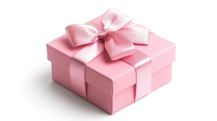Obraz premium Elegant pink Valentine gift box with a satin bow, isolated on a bright white background, symbolizing love and romance.