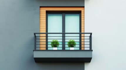 Fototapeta premium Modern balcony with two potted plants and a window.