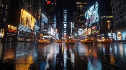 Vibrant rainy night in Times Square with yellow cabs and illuminated billboards reflecting on wet pavement