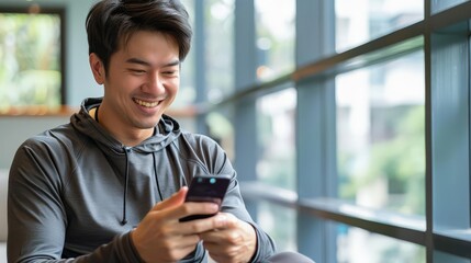 Fototapeta premium Smiling young man using smartphone, sitting by window.