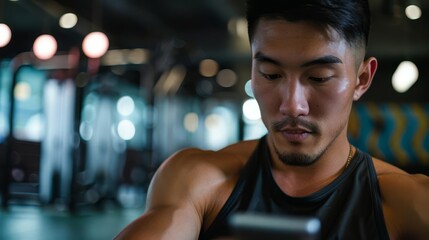 Obraz premium Man using smartphone in gym, focused expression, workout app, fitness technology