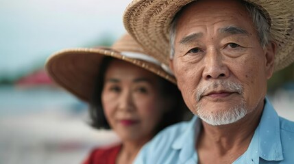 Obraz premium Smiling senior couple enjoying a tropical beach vacation.