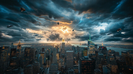 Fototapeta premium Dramatic aerial view of a futuristic city skyline during a storm with lightning, flying vehicles, and a fiery sunset
