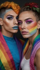 Fototapeta premium Two individuals with vibrant makeup and rainbow-themed clothing