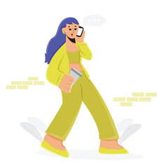 Illustration vector design of woman's walking while bringing a glass of coffee and calling on her phone