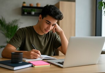 Young man studying at home with a laptop and notebook