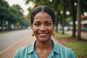 Close portrait of a smiling 40s Surinamese woman looking at the camera, Surinamese outdoors blurred background