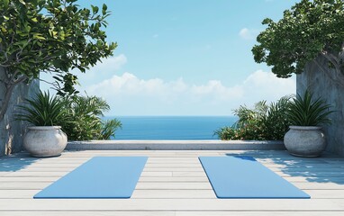 Serene outdoor yoga space with blue mats and ocean view under clear sky.