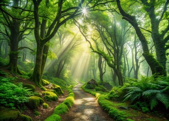 Naklejka premium Vibrant green foliage and misty atmosphere surround a winding dirt path, inviting exploration in a serene and