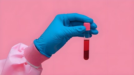 Naklejka premium Hand in Blue Gloves Holding Blood Sample Tube on Pink Background