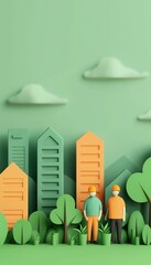 Fototapeta premium Two figures observing modern buildings and greenery in a stylized environment.