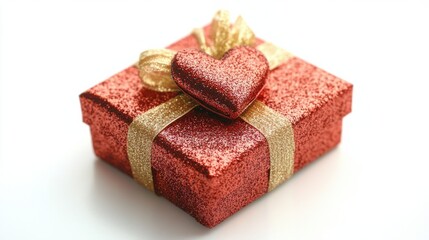 Obraz premium Glittery red Valentine present with gold ribbon and a heart-shaped tag, isolated on a white background for a festive, romantic feel.
