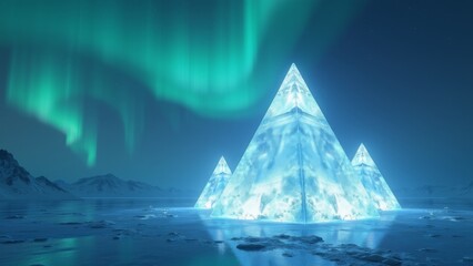 Generative AI, a large iceberg with a green aurora behind it in the snow with a sky background and a green aurora behind it, volumetric lights, concept art, crystal cubism
